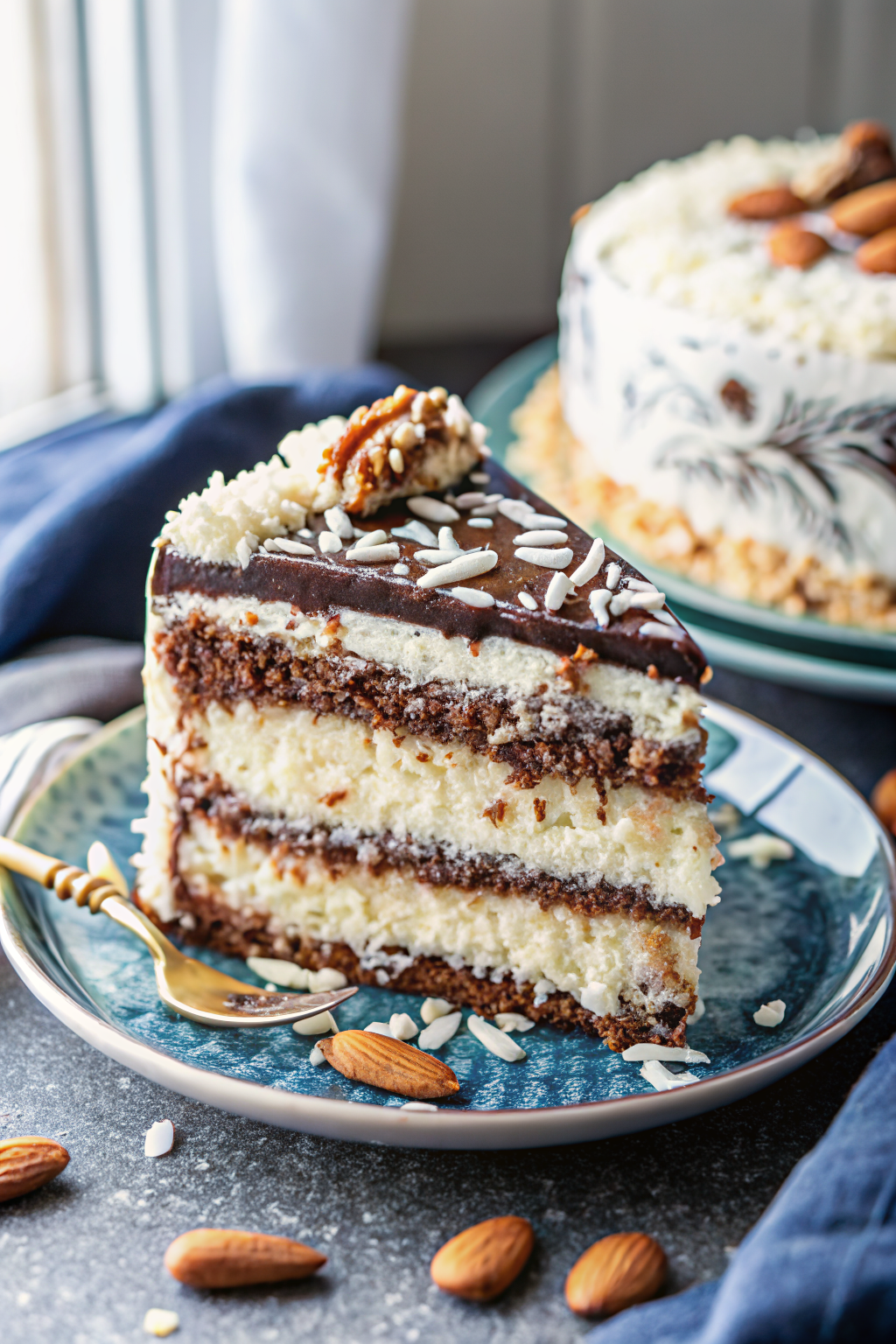 Almond Joy Layer Cake beautifully presented from an overhead angle