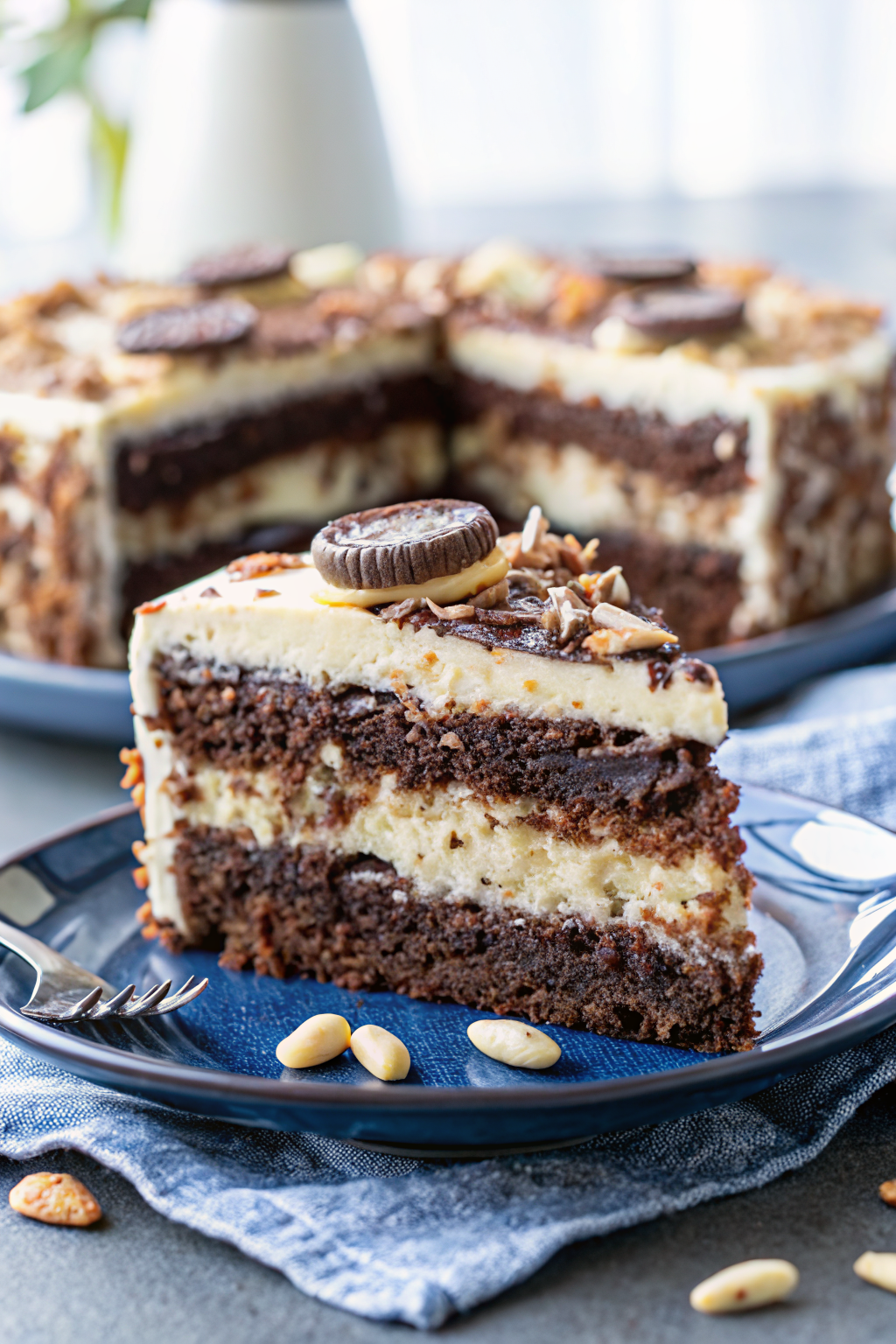 Almond Joy Layer Cake slice on plate showing perfect texture and swirl pattern