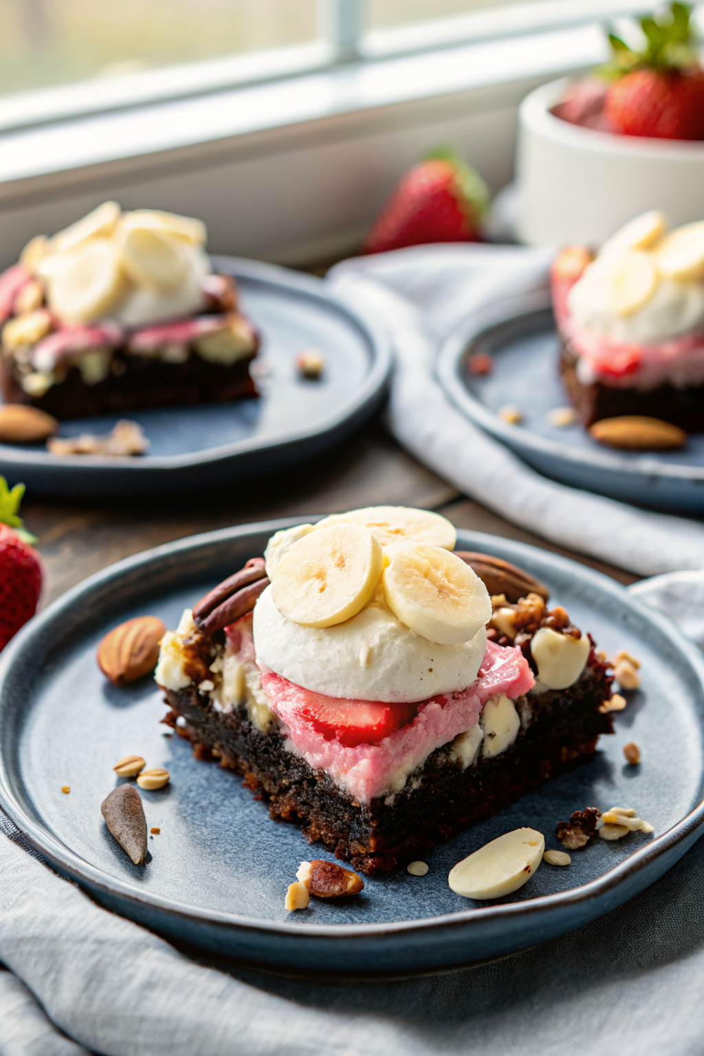 Banana Split Brownies beautifully presented from an overhead angle