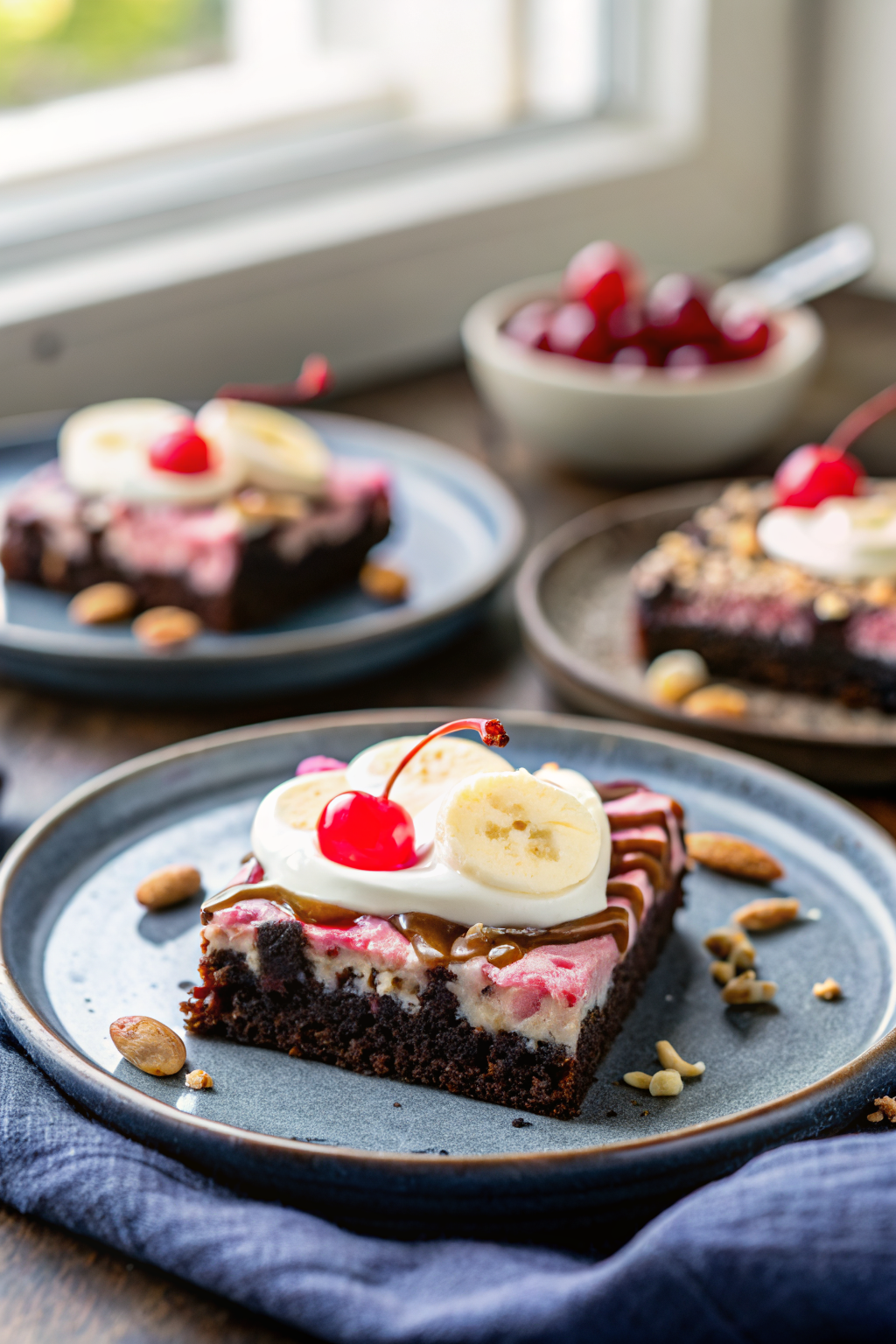 Banana Split Brownies slice on plate showing perfect texture and swirl pattern