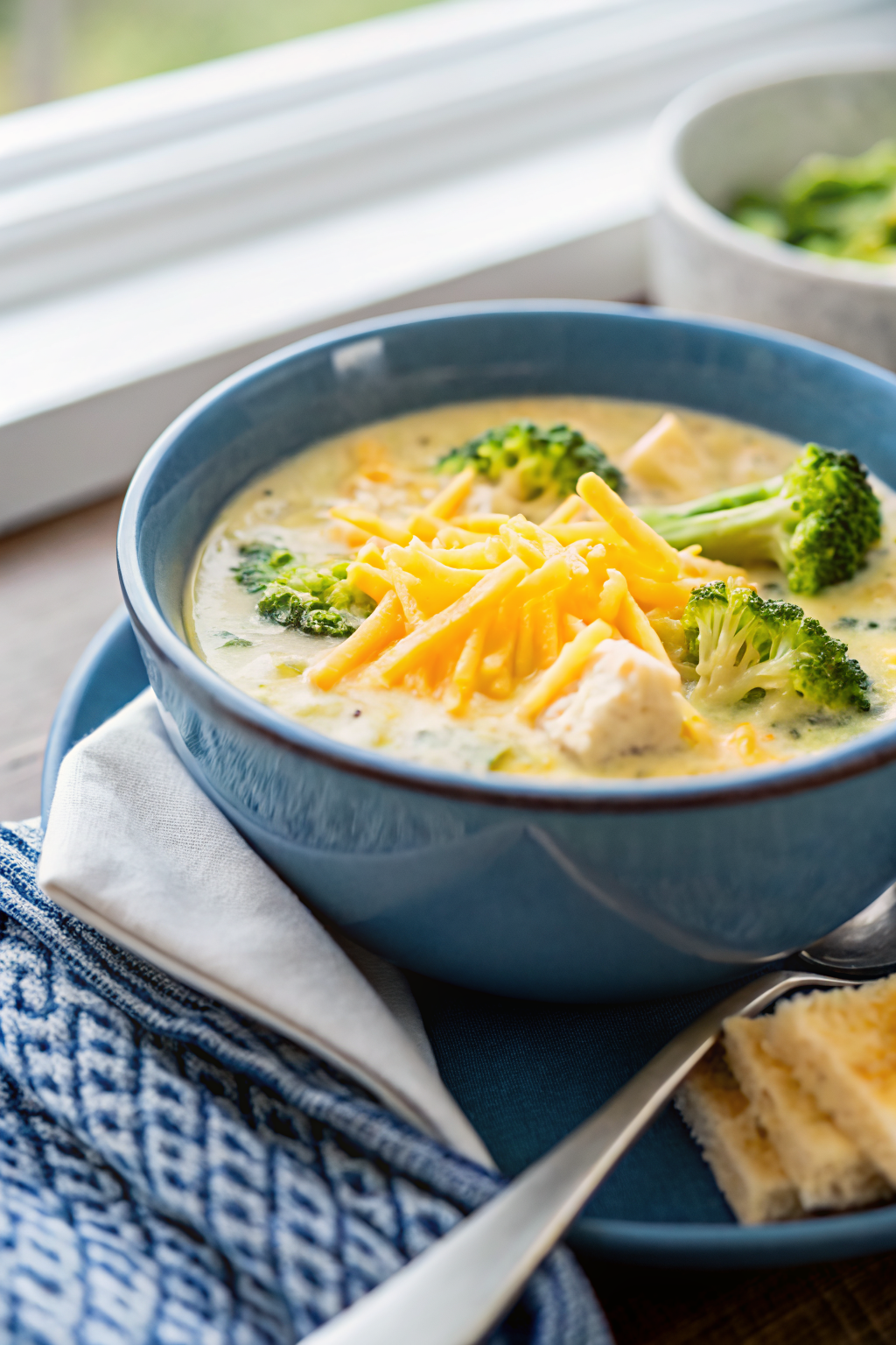 The Best Broccoli Cheese Soup beautifully presented from an overhead angle