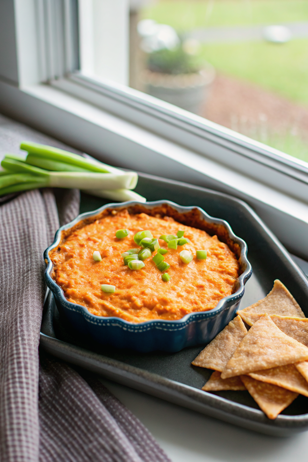 Buffalo Chicken Dip beautifully presented from an overhead angle