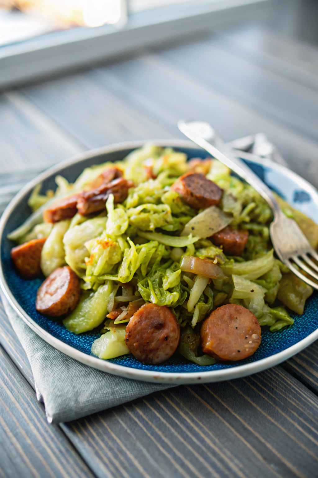 Cabbage and Sausage Skillet beautifully presented from an overhead angle