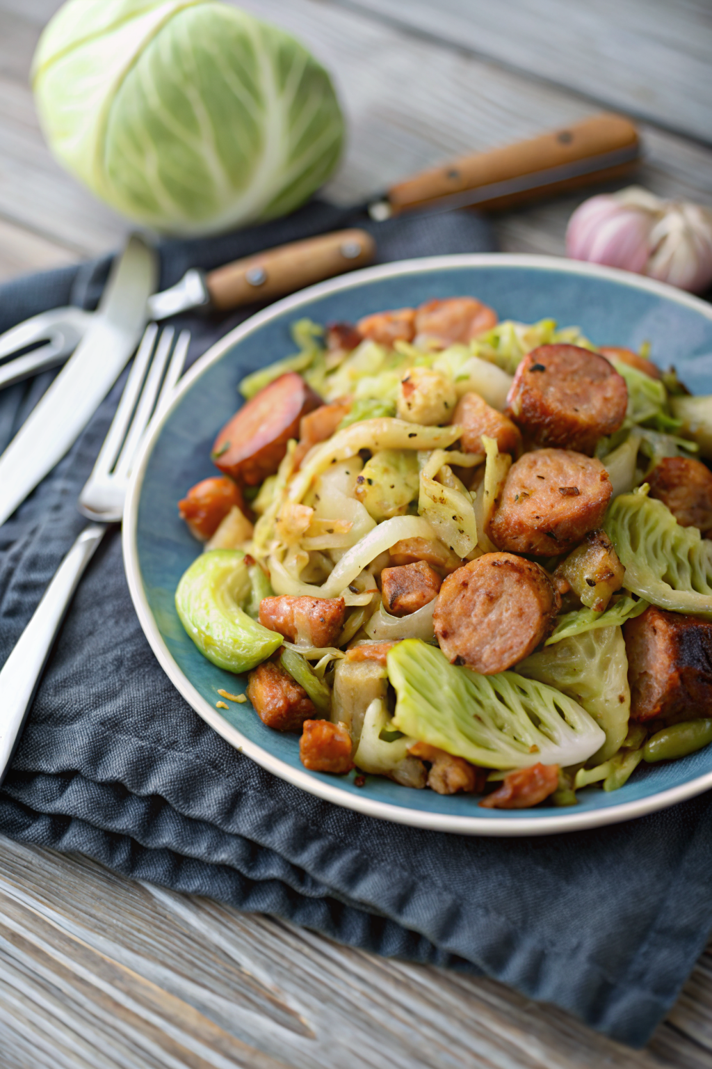 Cabbage and Sausage Skillet ingredients organized and measured on kitchen counter