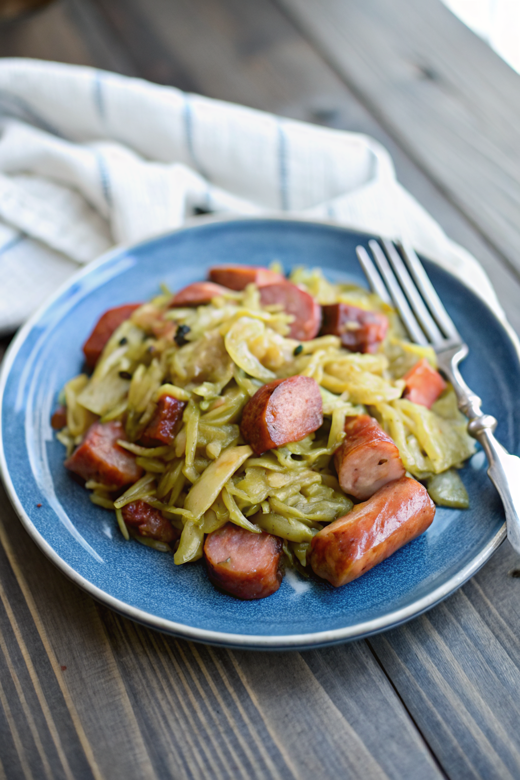 Cabbage and Sausage Skillet slice on plate showing perfect texture and swirl pattern