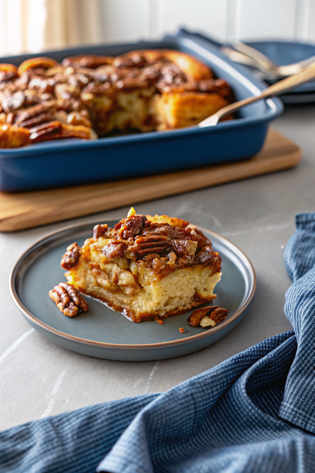 Caramel Pecan Breakfast Casserole slice on plate showing perfect texture and swirl pattern