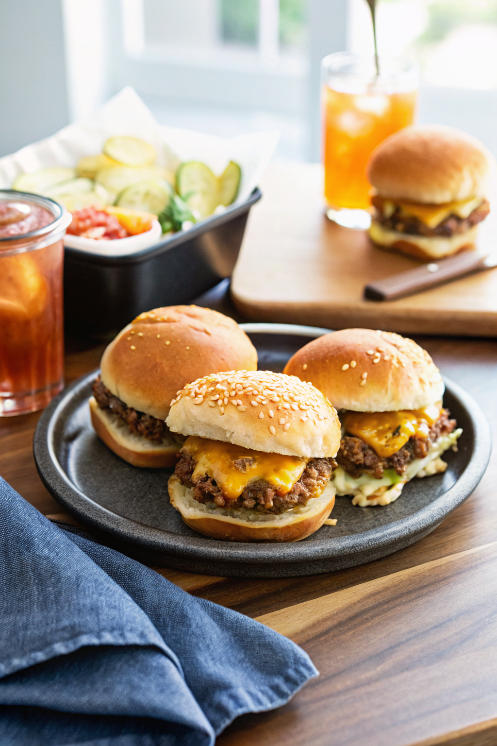 Cheeseburger Sliders beautifully presented from an overhead angle