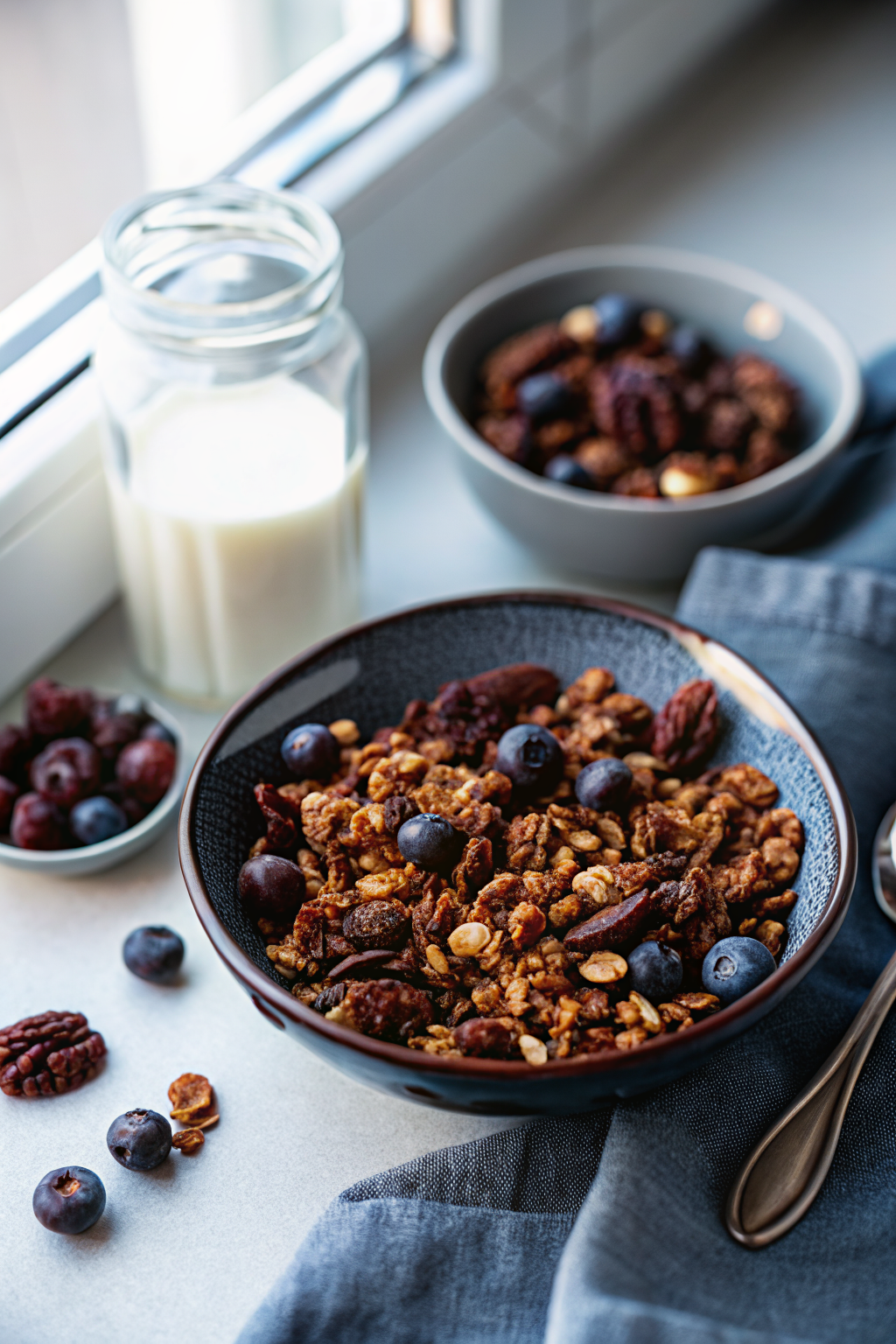 Chocolate Granola beautifully presented from an overhead angle