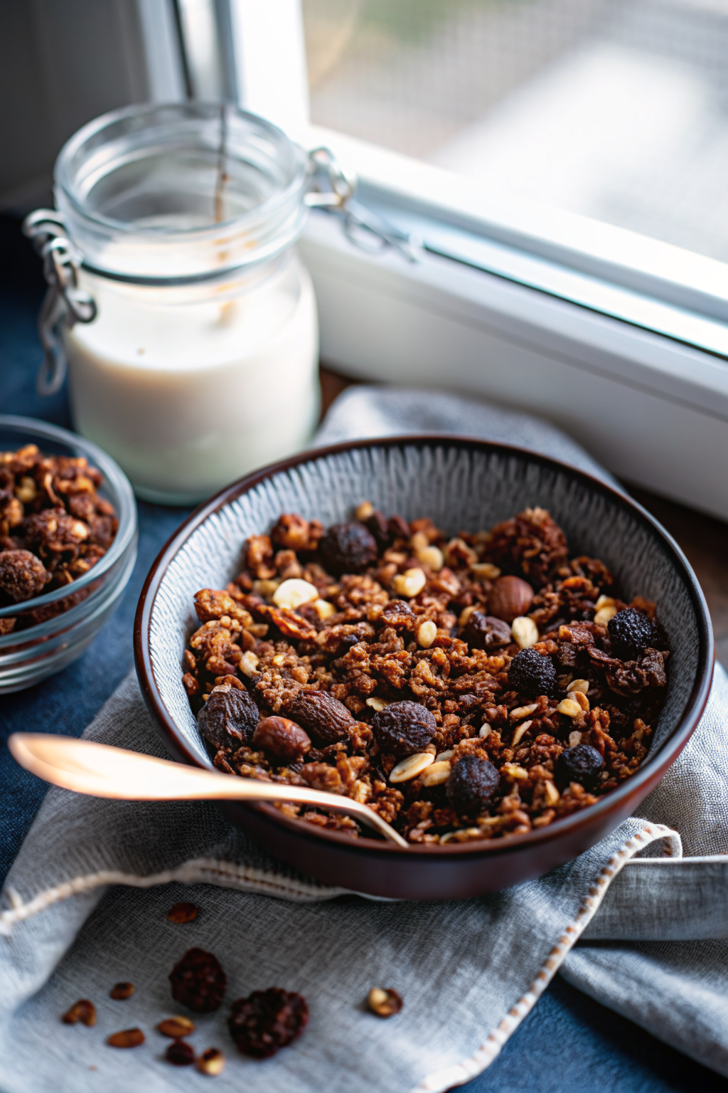Chocolate Granola ingredients organized and measured on kitchen counter