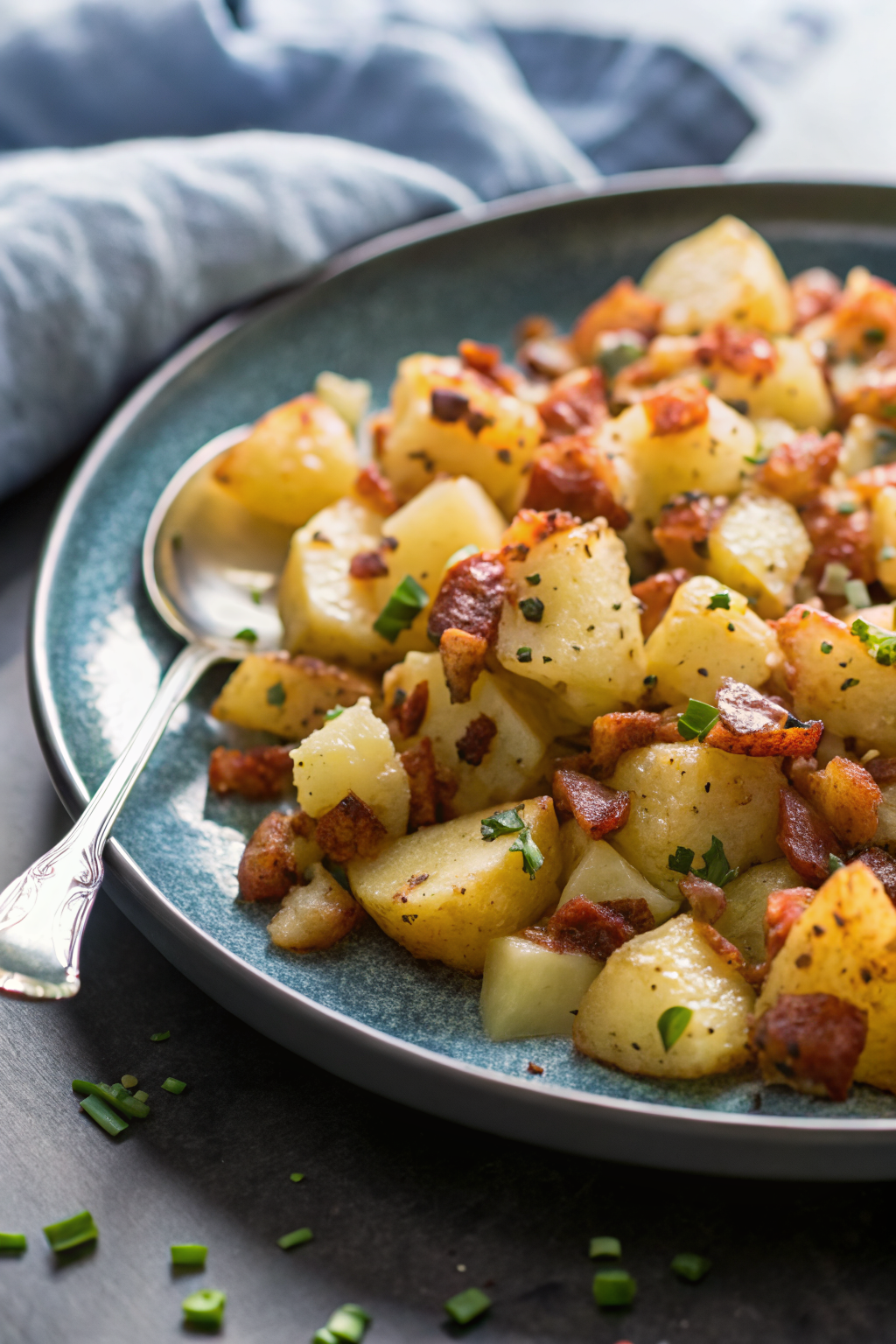 Crispy Cheese Bacon Potatoes beautifully presented from an overhead angle