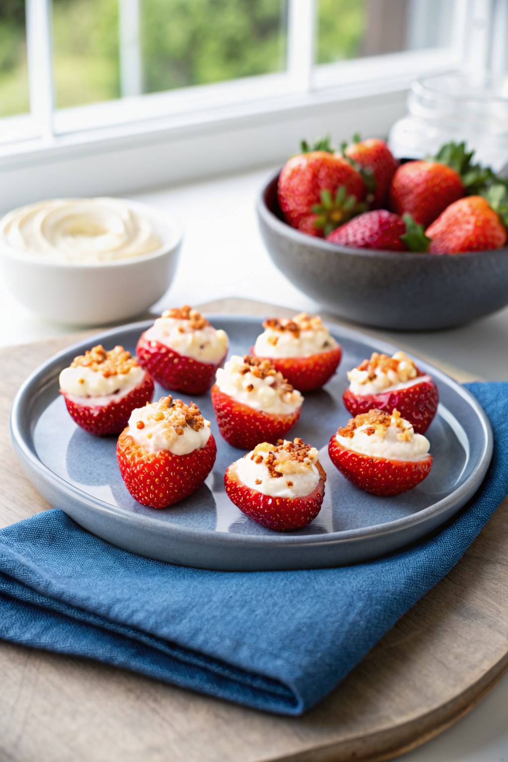 Cheesecake Deviled Strawberries beautifully presented from an overhead angle