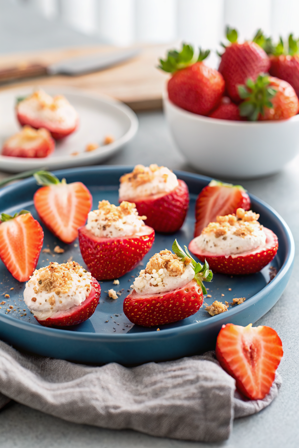 Cheesecake Deviled Strawberries ingredients organized and measured on kitchen counter