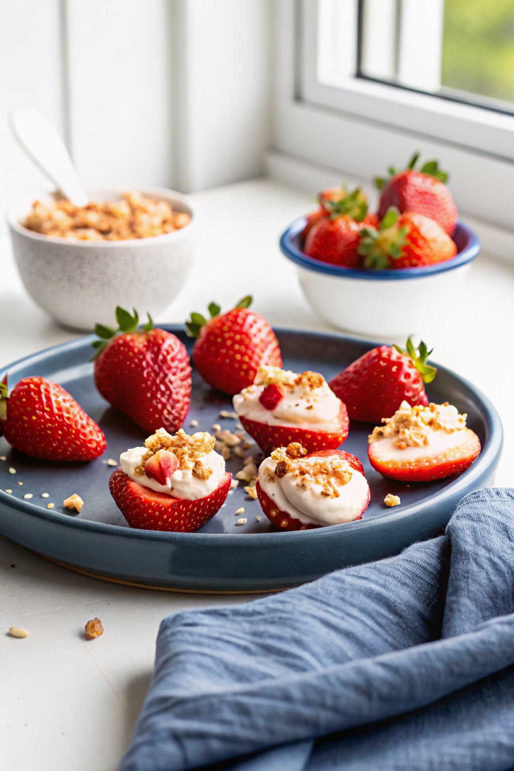Cheesecake Deviled Strawberries slice on plate showing perfect texture and swirl pattern