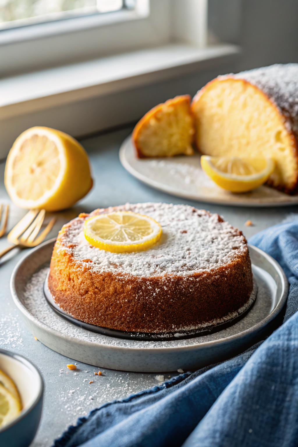 Lemon Bundt Cake beautifully presented from an overhead angle
