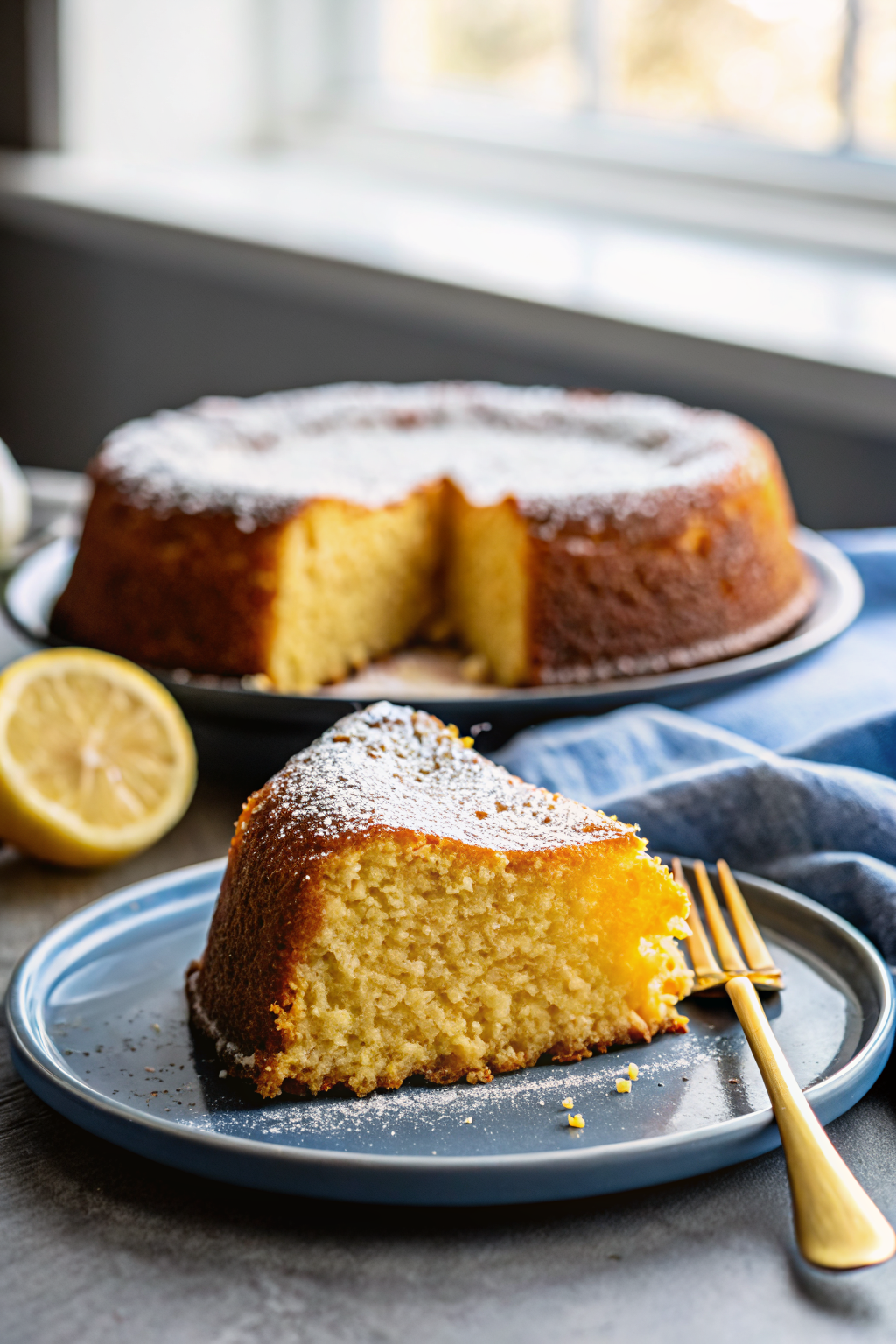 Lemon Bundt Cake slice on plate showing perfect texture and swirl pattern