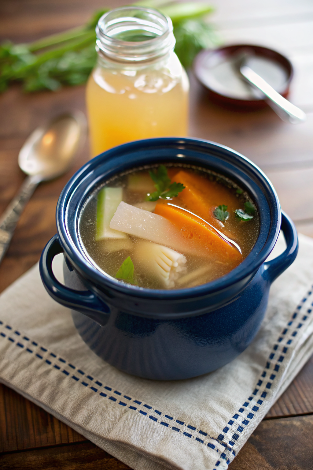 Homemade Chicken Broth beautifully presented from an overhead angle