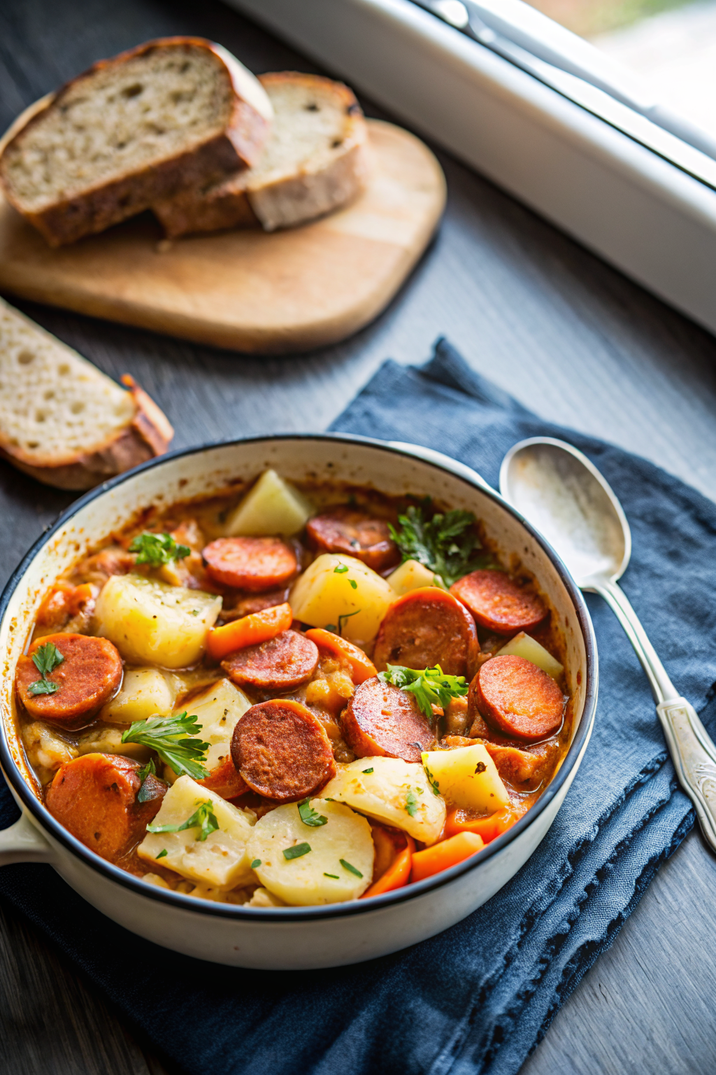 Dublin Coddle beautifully presented from an overhead angle