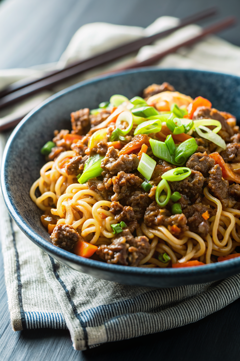 One-Pot Ground Beef Ramen Noodles beautifully presented from an overhead angle