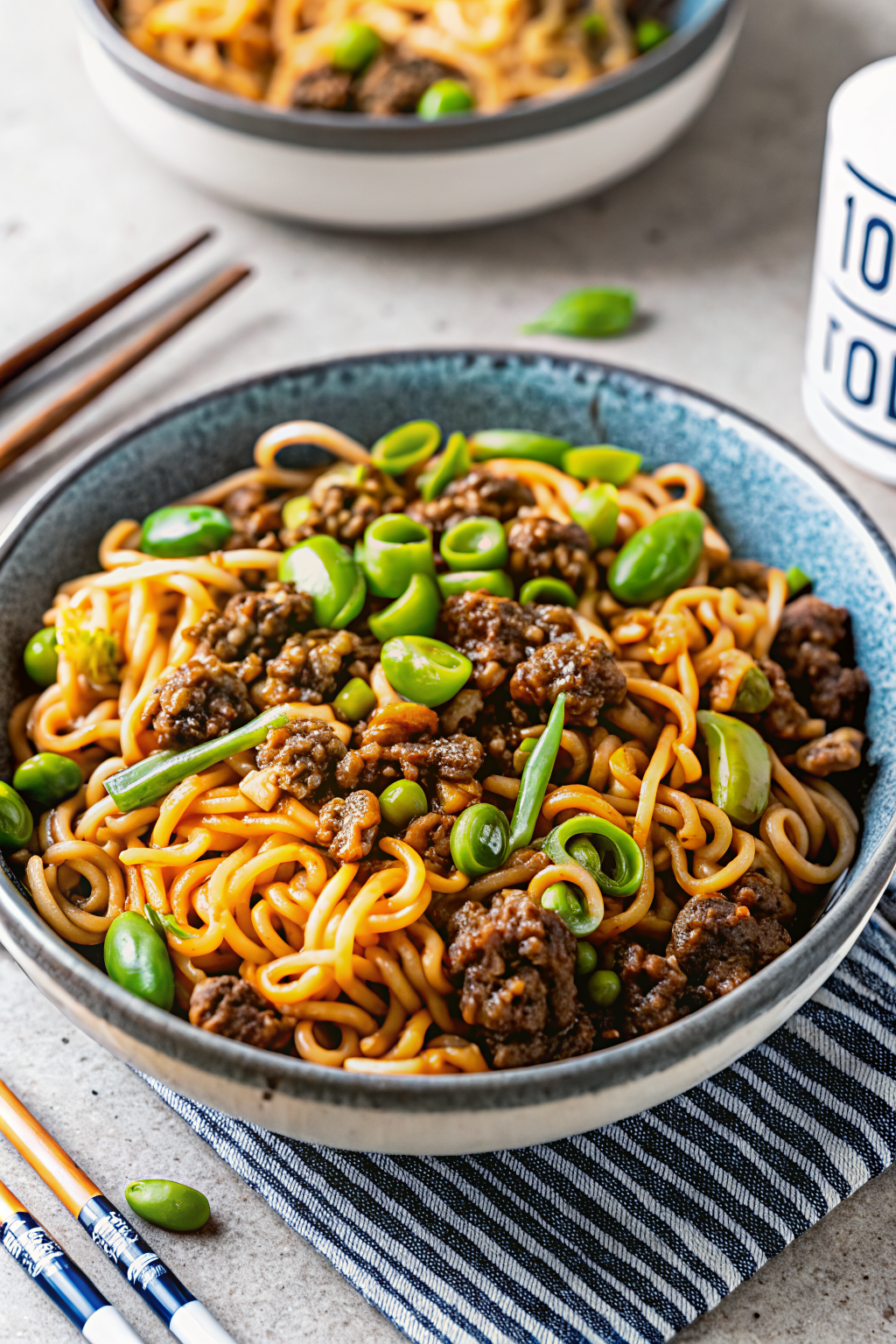 One-Pot Ground Beef Ramen Noodles ingredients organized and measured on kitchen counter