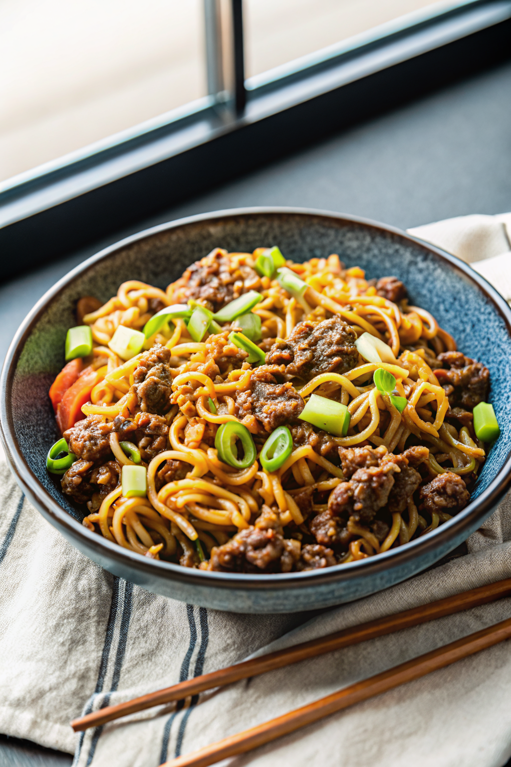 One-Pot Ground Beef Ramen Noodles slice on plate showing perfect texture and swirl pattern