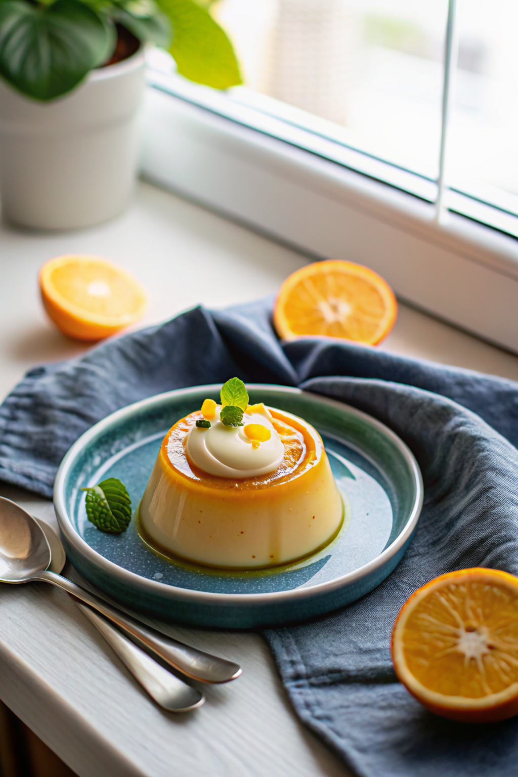 Creamy Orange Custard beautifully presented from an overhead angle