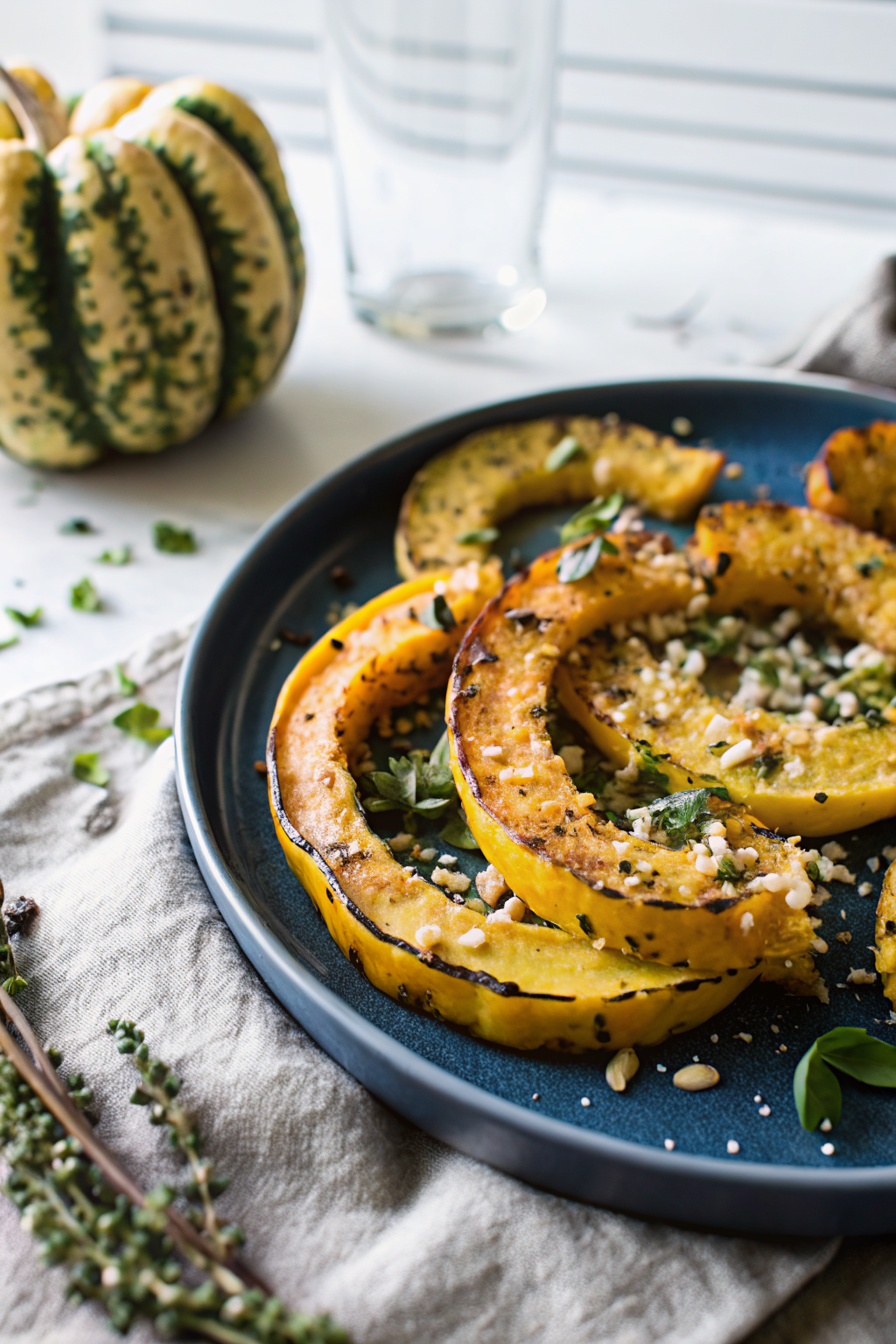 Parmesan Crusted Delicata Squash beautifully presented from an overhead angle