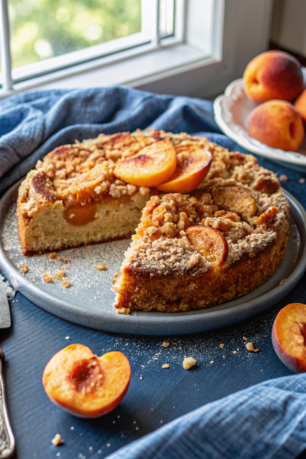 Peach Coffee Cake beautifully presented from an overhead angle