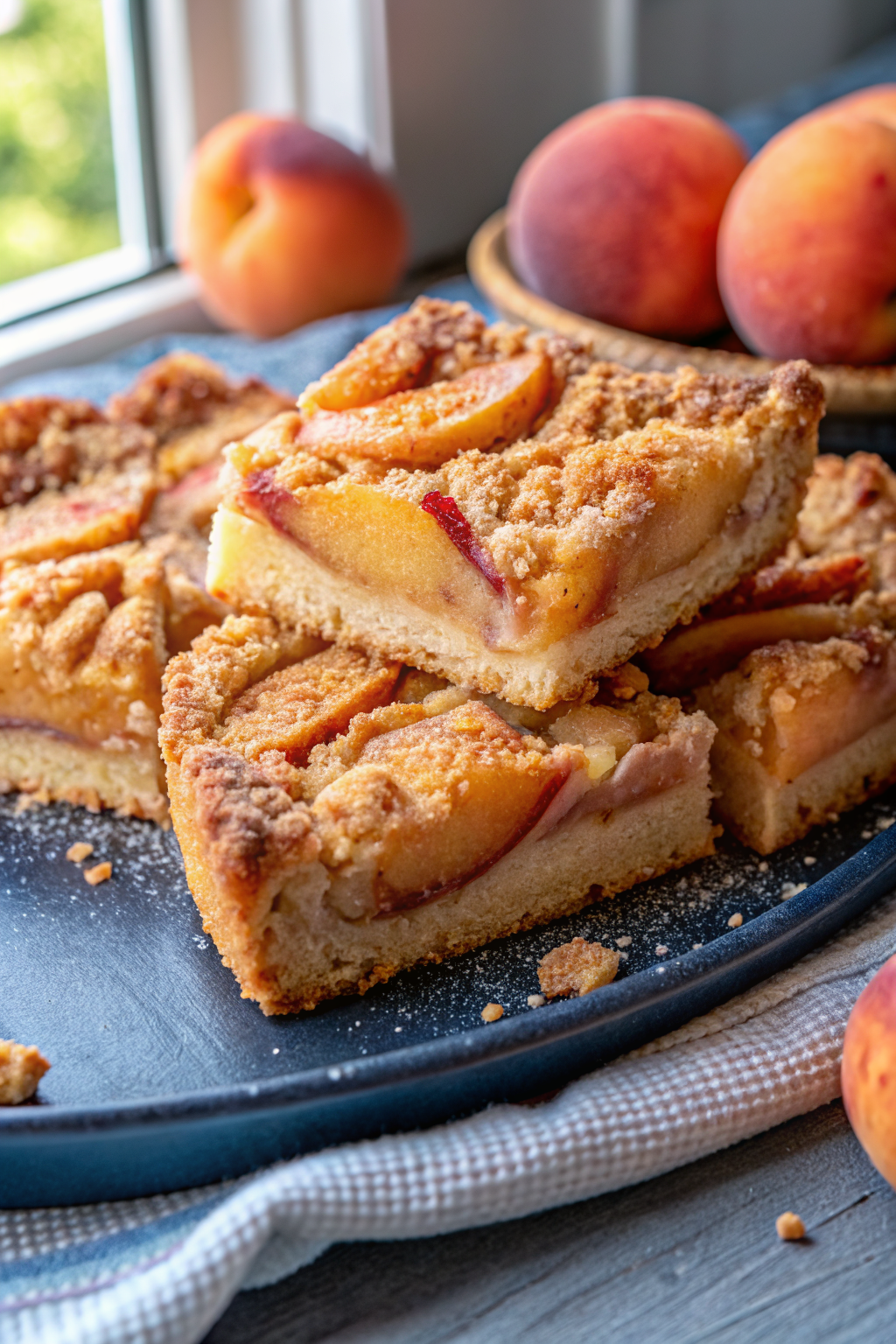 Peach Coffee Cake slice on plate showing perfect texture and swirl pattern