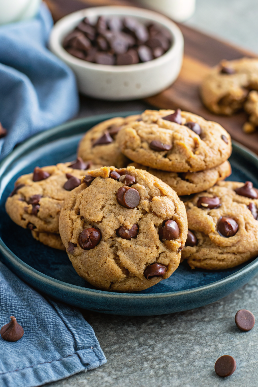 Peanut Butter Chocolate Chip Cookies beautifully presented from an overhead angle