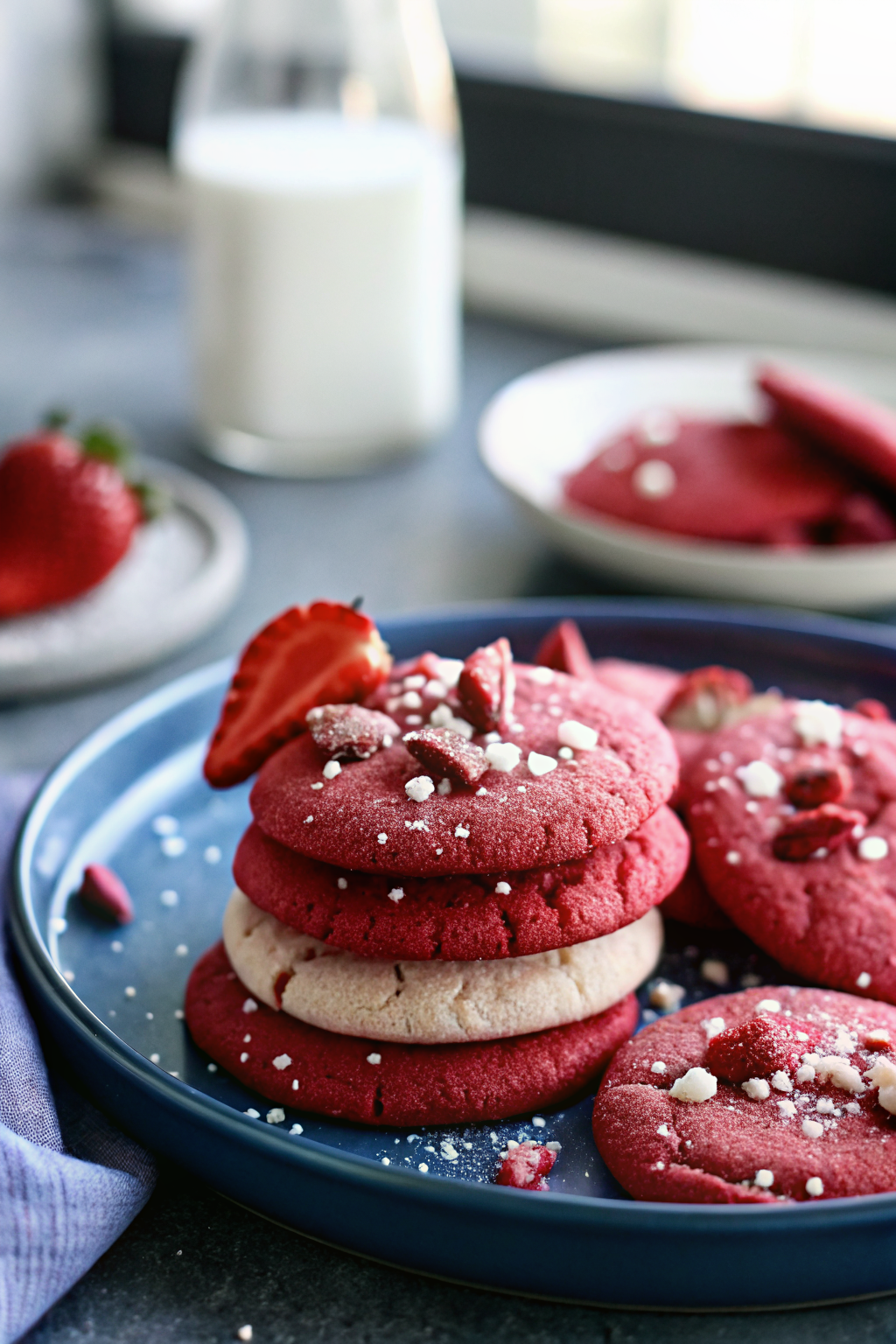 Red Velvet Sugar Cookies beautifully presented from an overhead angle