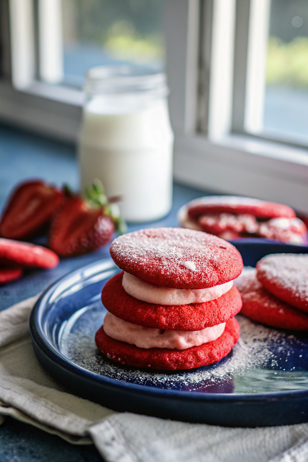 Red Velvet Sugar Cookies ingredients organized and measured on kitchen counter