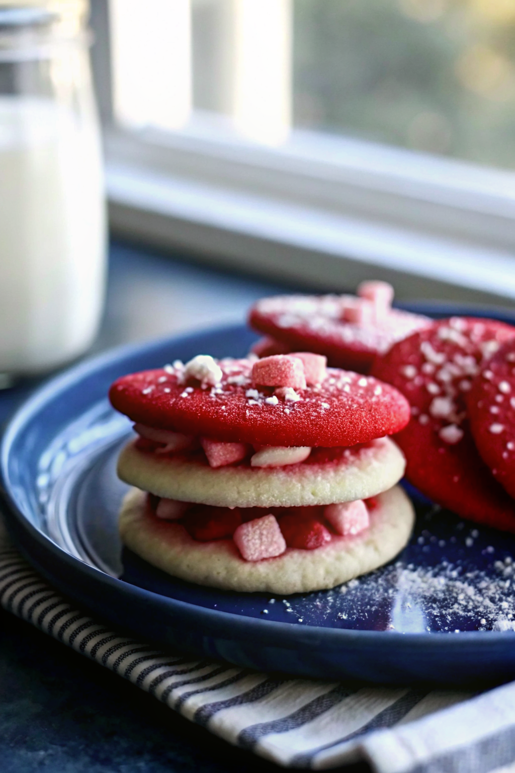 Red Velvet Sugar Cookies slice on plate showing perfect texture and swirl pattern