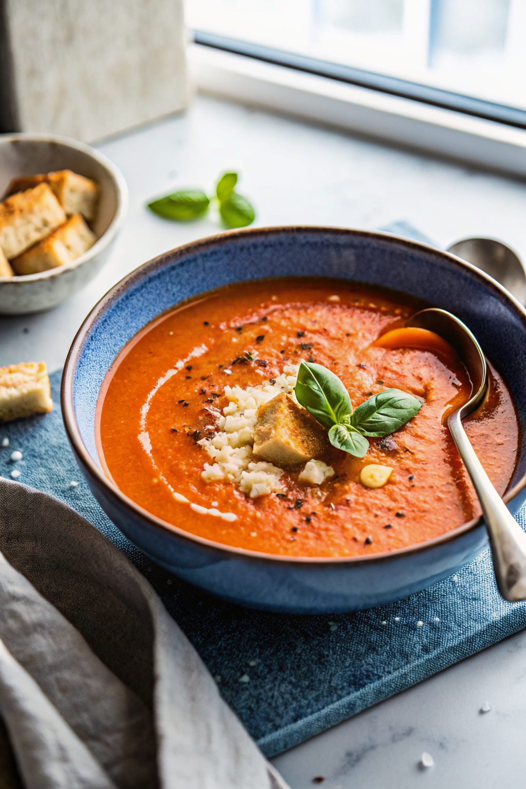 Roasted Red Pepper Soup beautifully presented from an overhead angle