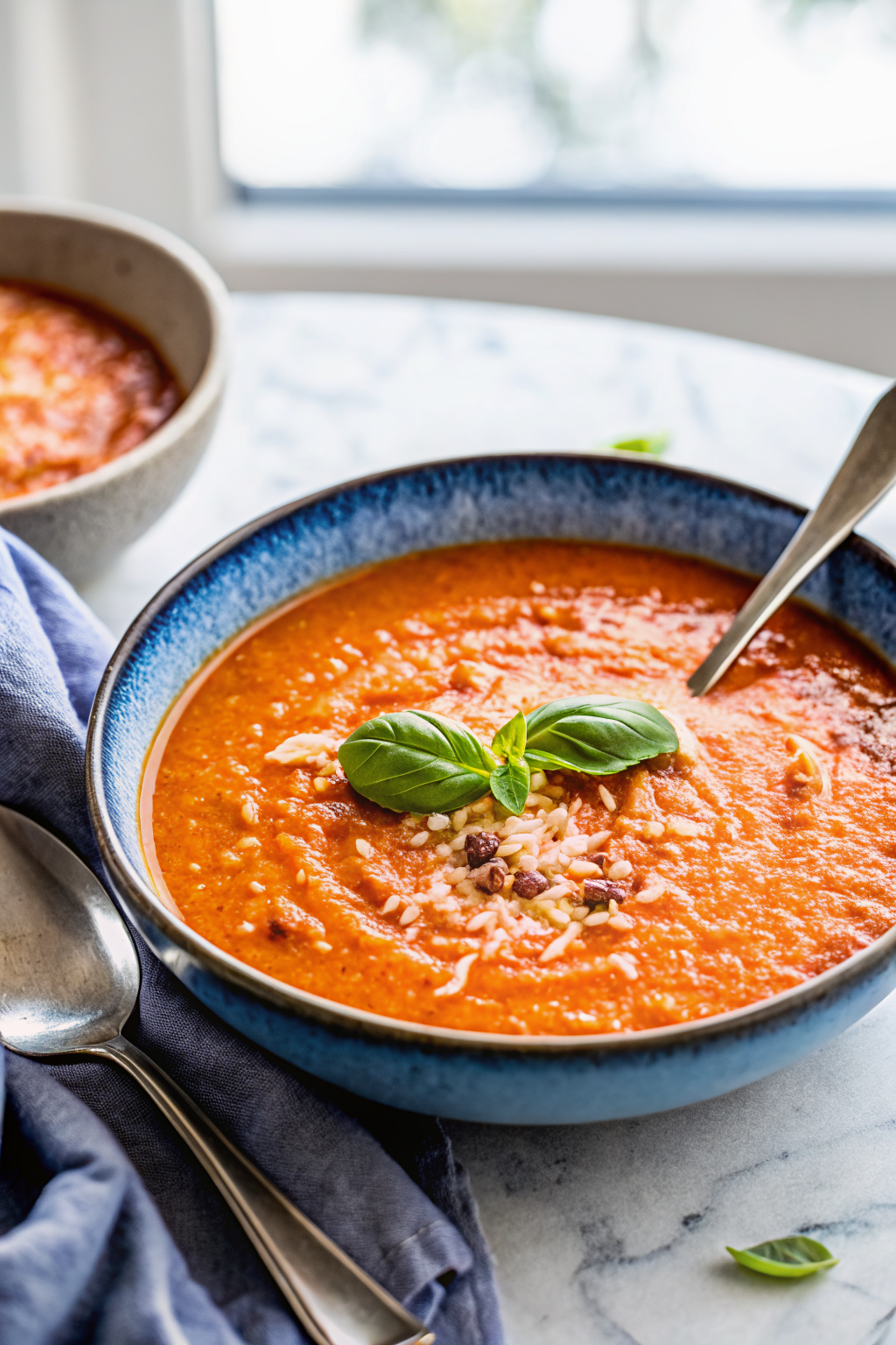 Roasted Red Pepper Soup slice on plate showing perfect texture and swirl pattern
