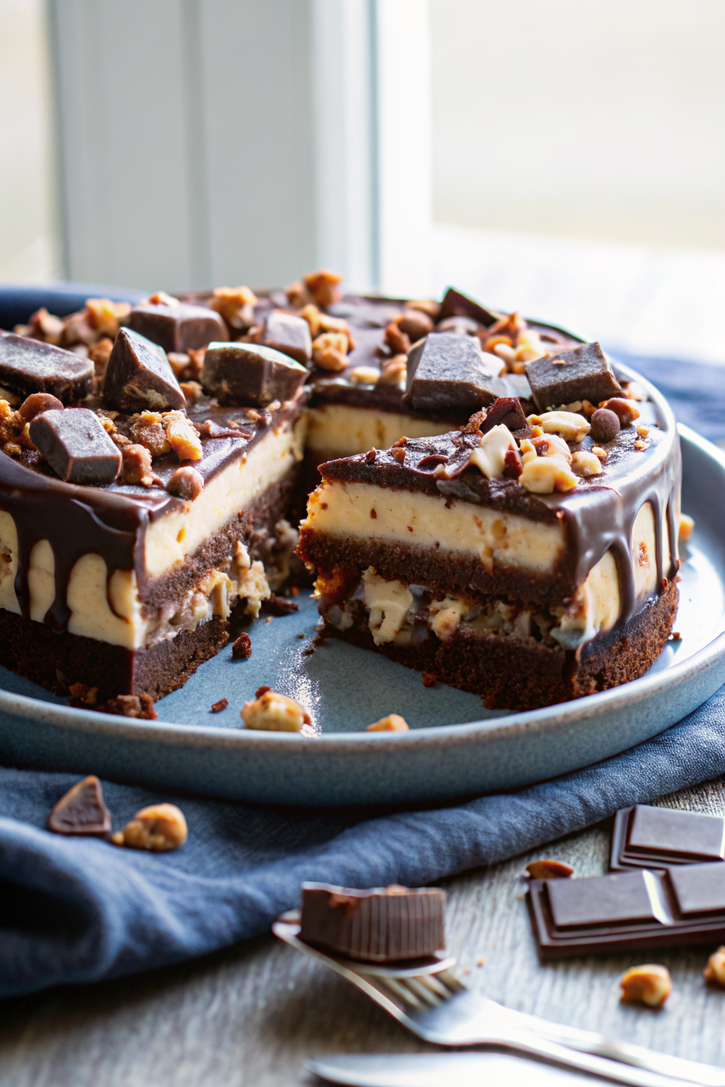 Snickers Peanut Butter Brownie Ice Cream Cake beautifully presented from an overhead angle