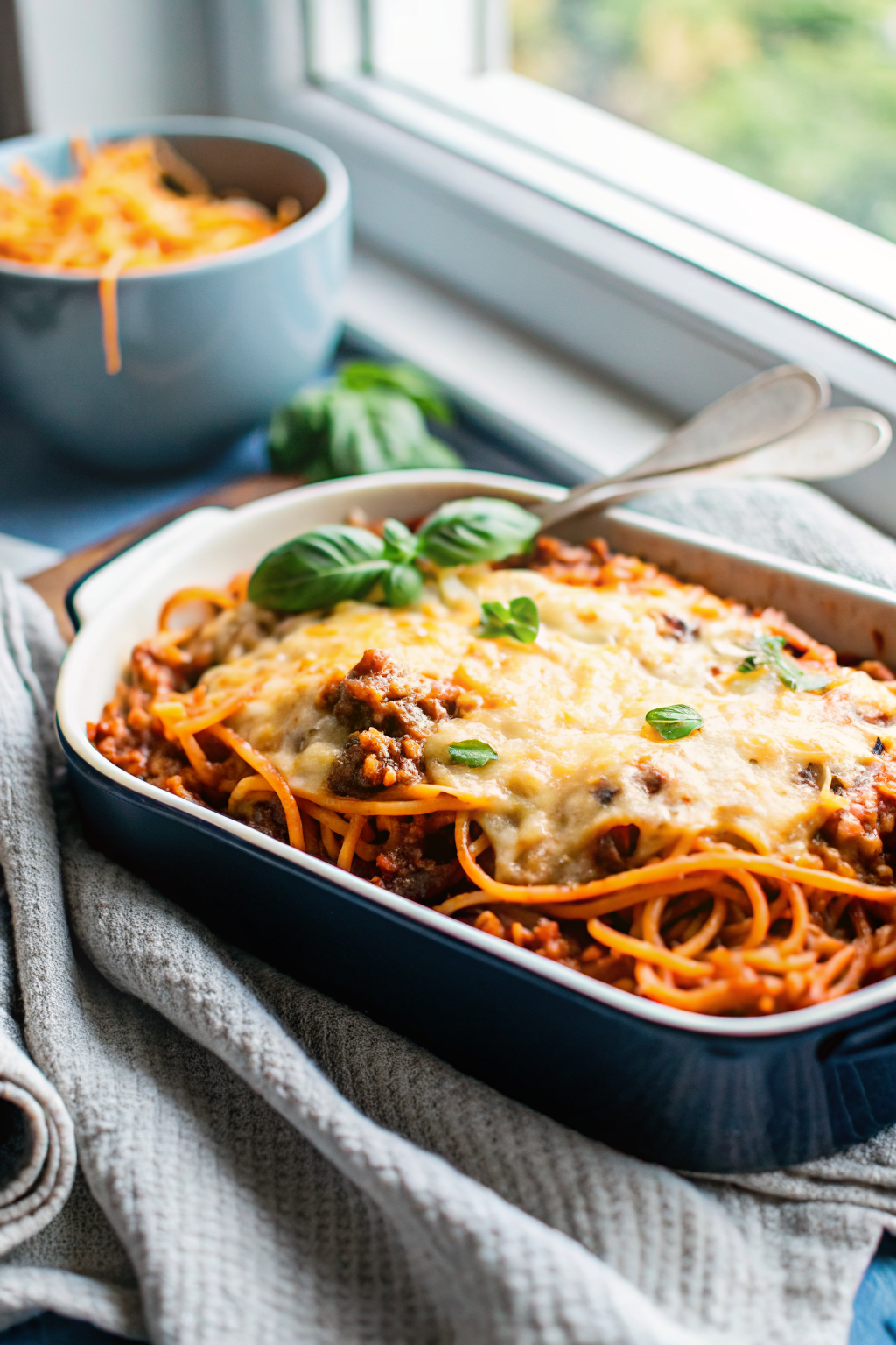 Spaghetti Bake beautifully presented from an overhead angle
