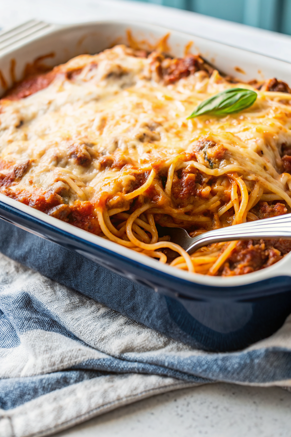 Spaghetti Bake slice on plate showing perfect texture and swirl pattern