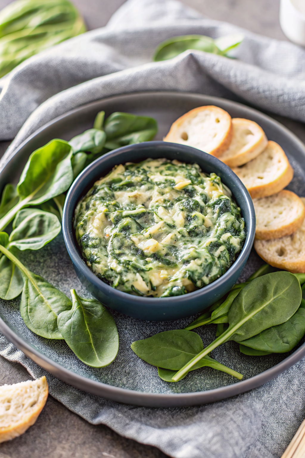 Spinach Artichoke Dip beautifully presented from an overhead angle