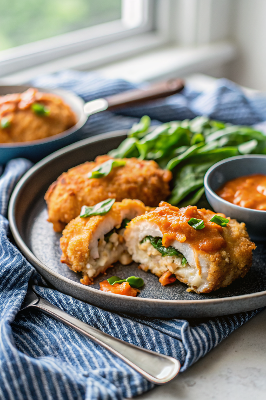 Stuffed Buffalo Chicken beautifully presented from an overhead angle