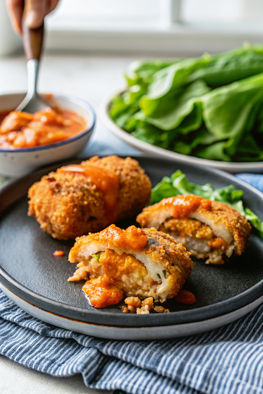 Stuffed Buffalo Chicken slice on plate showing perfect texture and swirl pattern