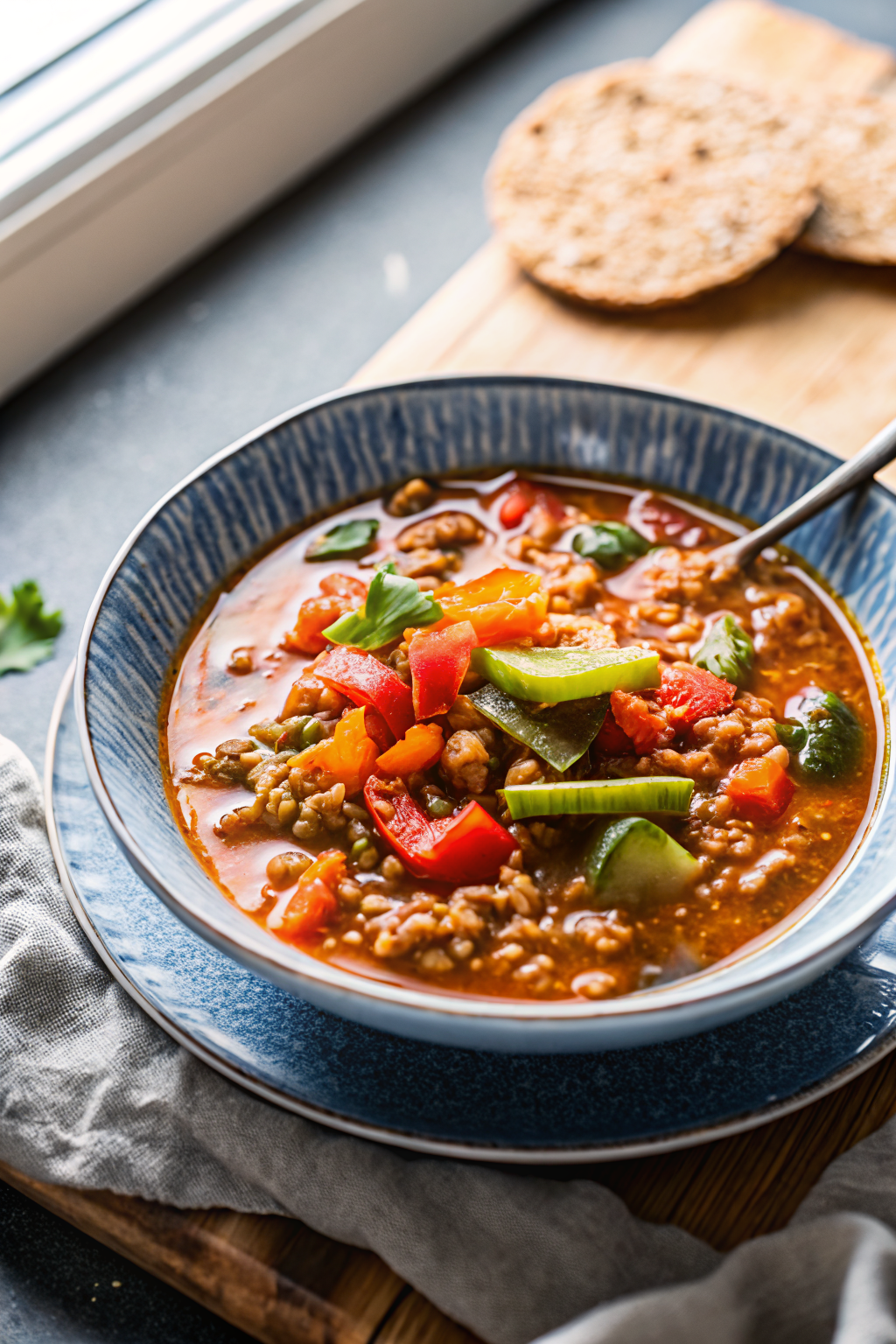 Stuffed Pepper Soup beautifully presented from an overhead angle