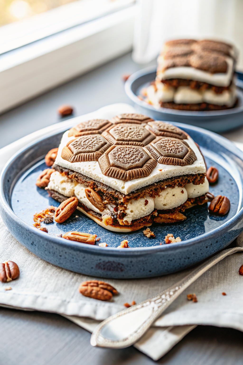 Turtle Ice Cream Sandwich Cake beautifully presented from an overhead angle