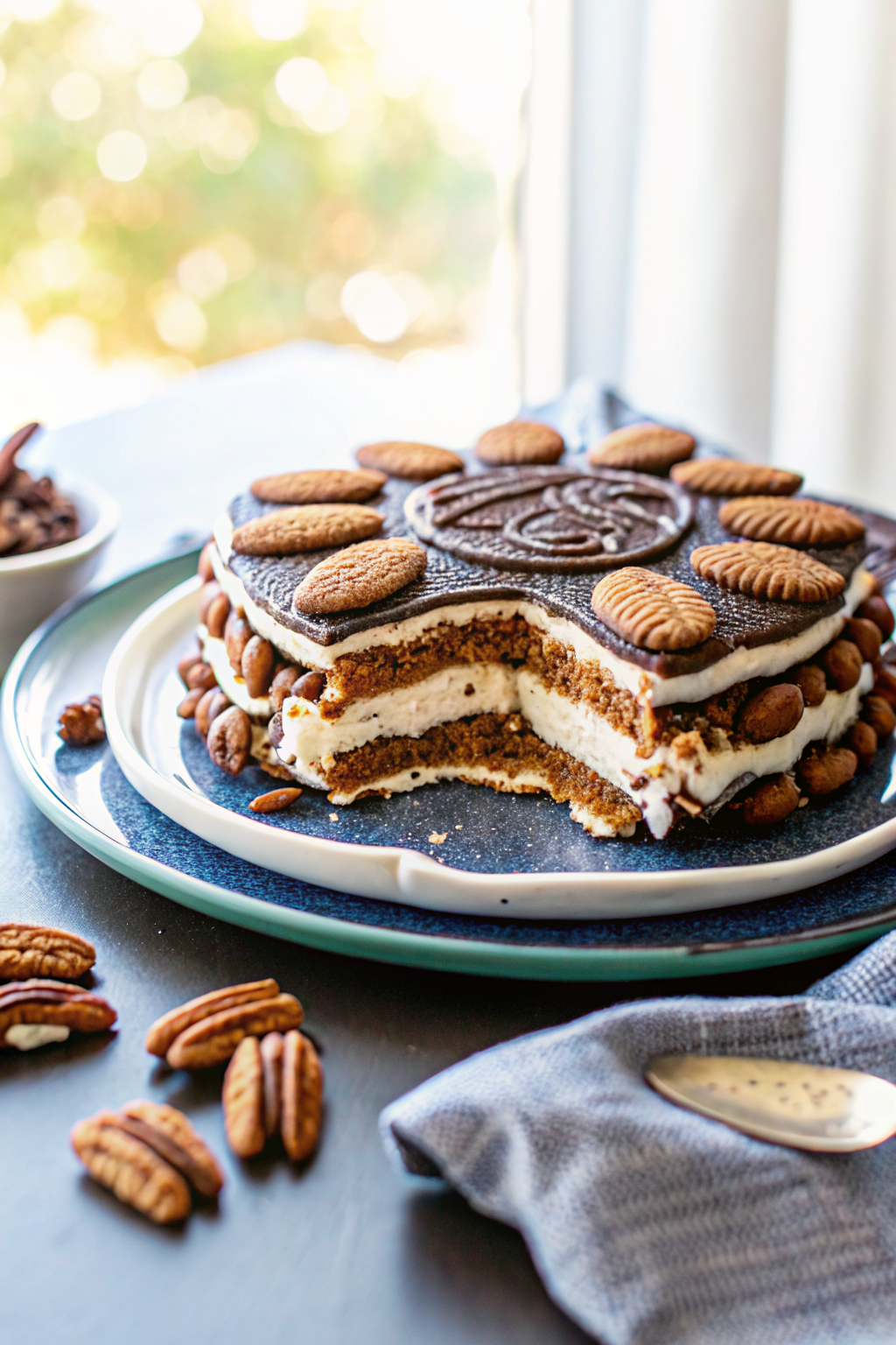 Turtle Ice Cream Sandwich Cake slice on plate showing perfect texture and swirl pattern